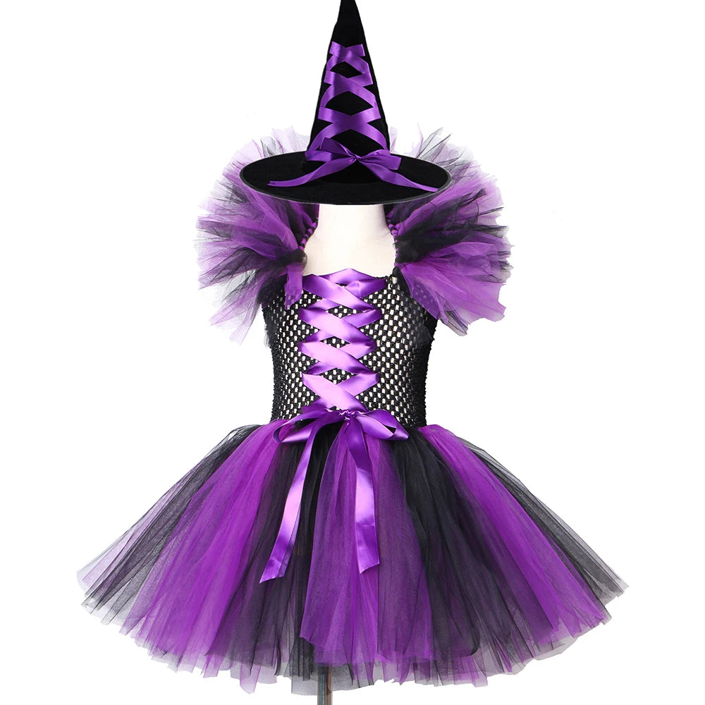 Halloween Costume For Kids Girls Witch Kids Clothing Fancy Tutu Dress with Hat  Girls Fantasy Carnival Party Dress