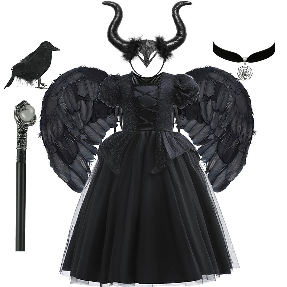 Halloween Costume For Kids Black Witch Dress Luxury Lace Sequin Evil Role Playing Costume Maleficent Dress Up Outfit Ghost Bride