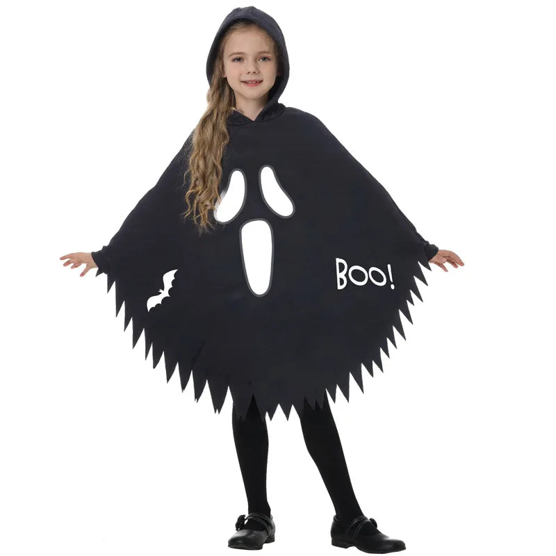 Halloween Children's Costume, White, Black, Luminous, Glowing Face, Cloak, Shawl, Party Costume