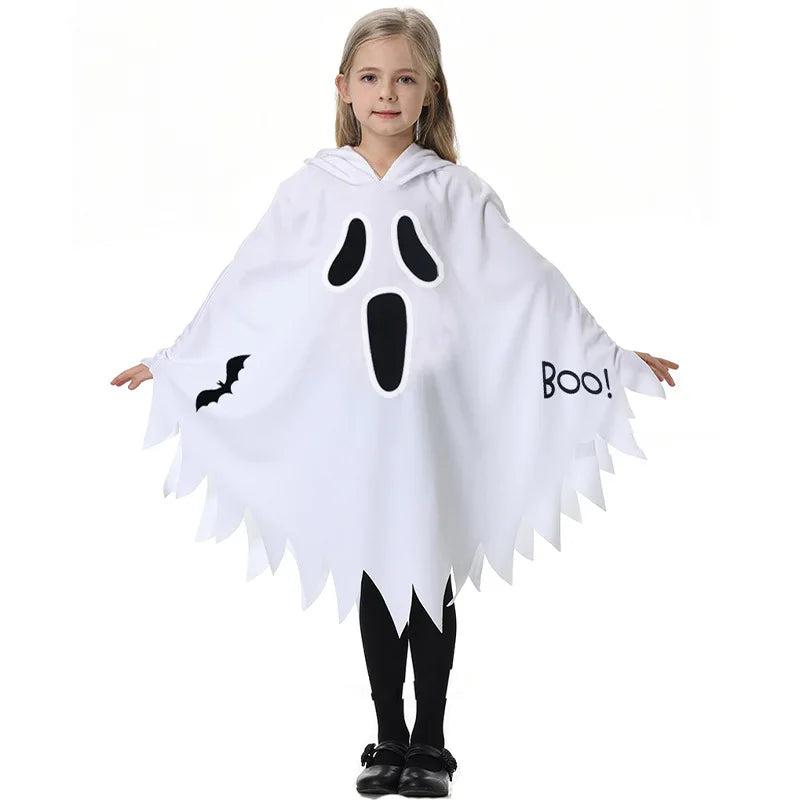 Halloween Children's Costume, White, Black, Luminous, Glowing Face, Cloak, Shawl, Party Costume