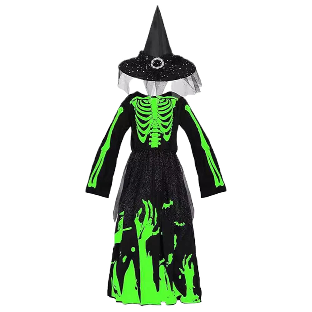 Halloween Skeleton Costumes Dresses Hats Kids Zombie Spooky Horror Glow In The Dark Dress Cap Day of The Dead Rave Party Clothes