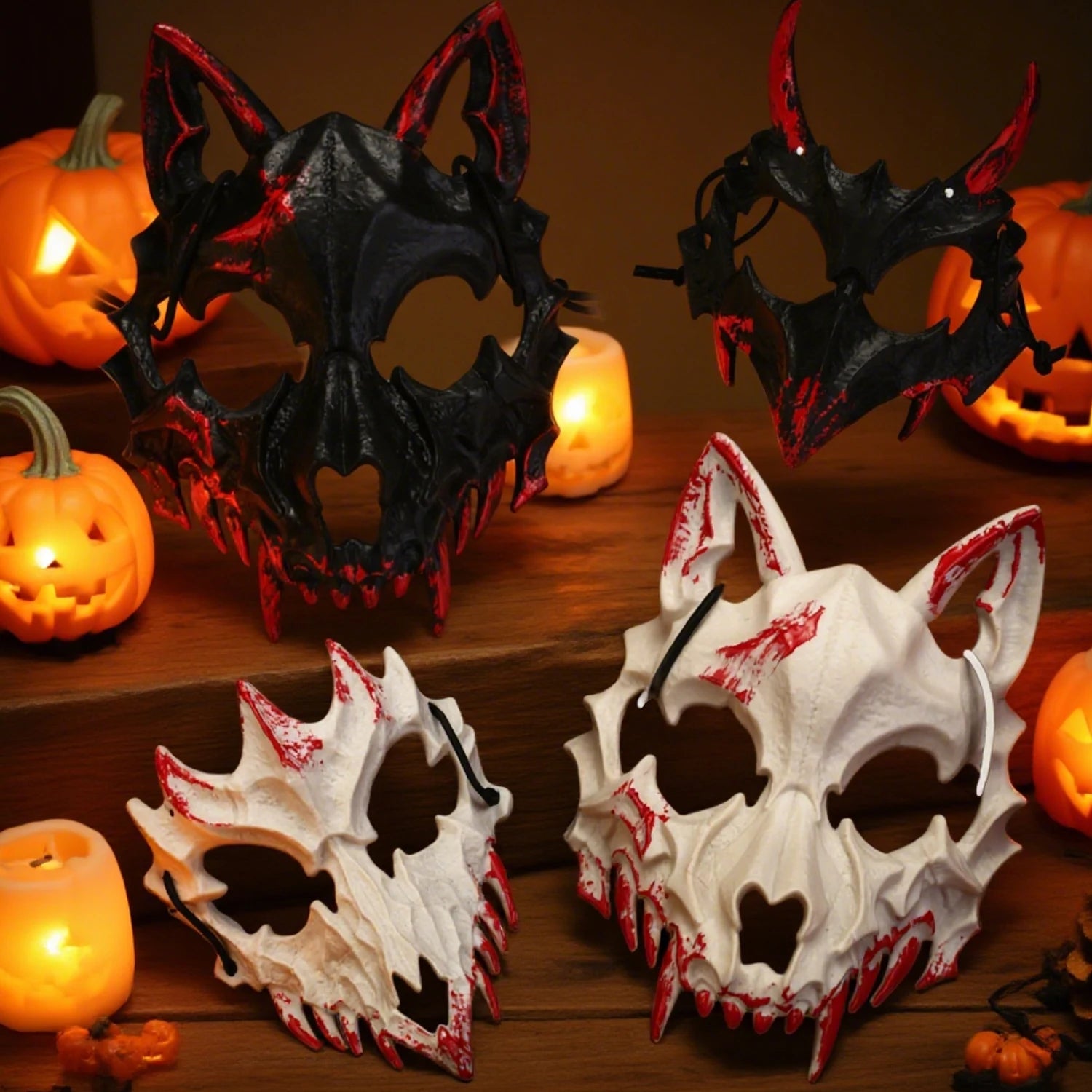 Halloween Bone Skull Masks Half-face Bloody Mask Cosplay Dragon God Fierce Tiger Night Fork Tengu Man Wolf Mask Party Decor Prop