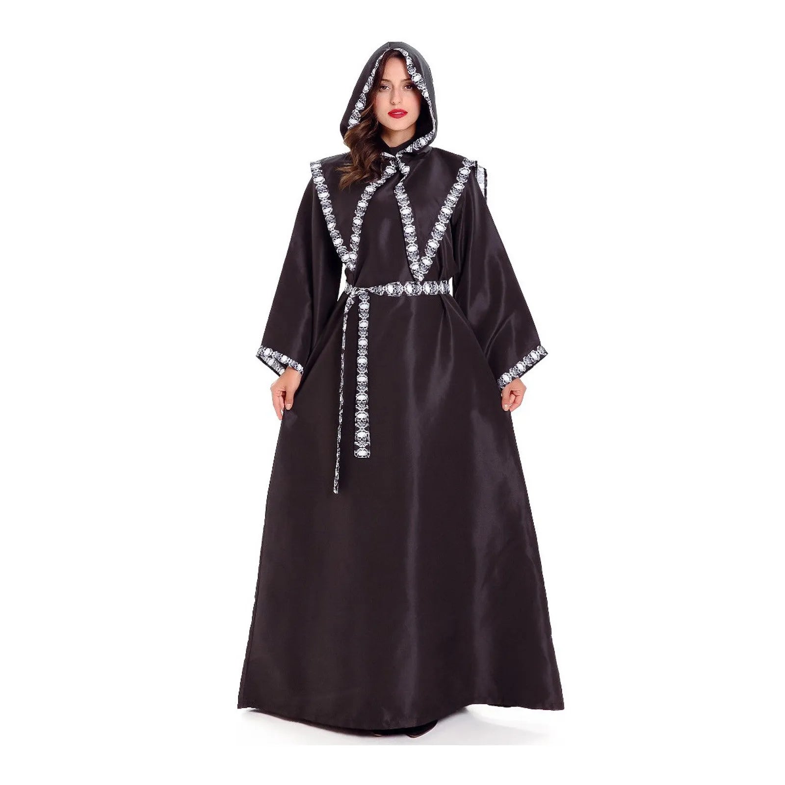 Halloween Medieval Gothic Witch Costume Hooded Dress Adult Women Men Carnival Masquerade Vampire Cosplay Long Dress Outfit