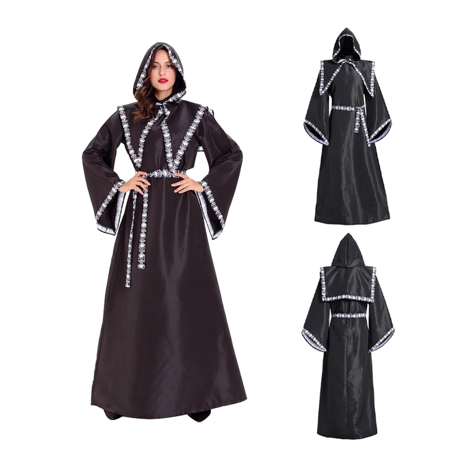 Halloween Medieval Gothic Witch Costume Hooded Dress Adult Women Men Carnival Masquerade Vampire Cosplay Long Dress Outfit