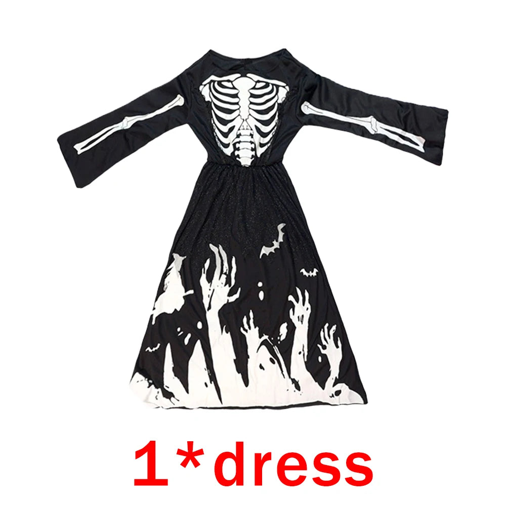 Halloween Skeleton Costumes Dresses Hats Kids Zombie Spooky Horror Glow In The Dark Dress Cap Day of The Dead Rave Party Clothes