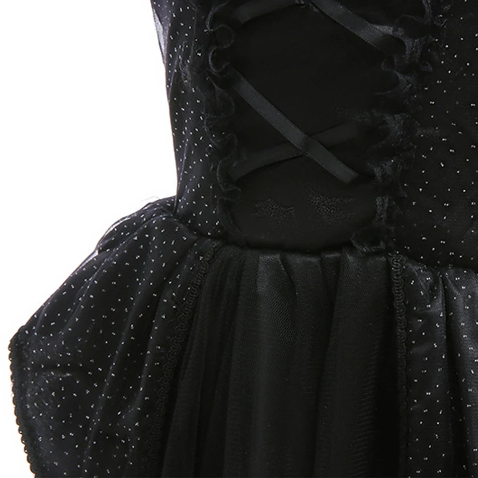 Halloween Costume For Kids Black Witch Dress Luxury Lace Sequin Evil Role Playing Costume Maleficent Dress Up Outfit Ghost Bride