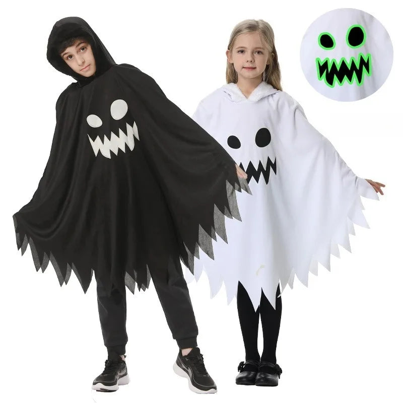 Halloween Children's Costume, White, Black, Luminous, Glowing Face, Cloak, Shawl, Party Costume