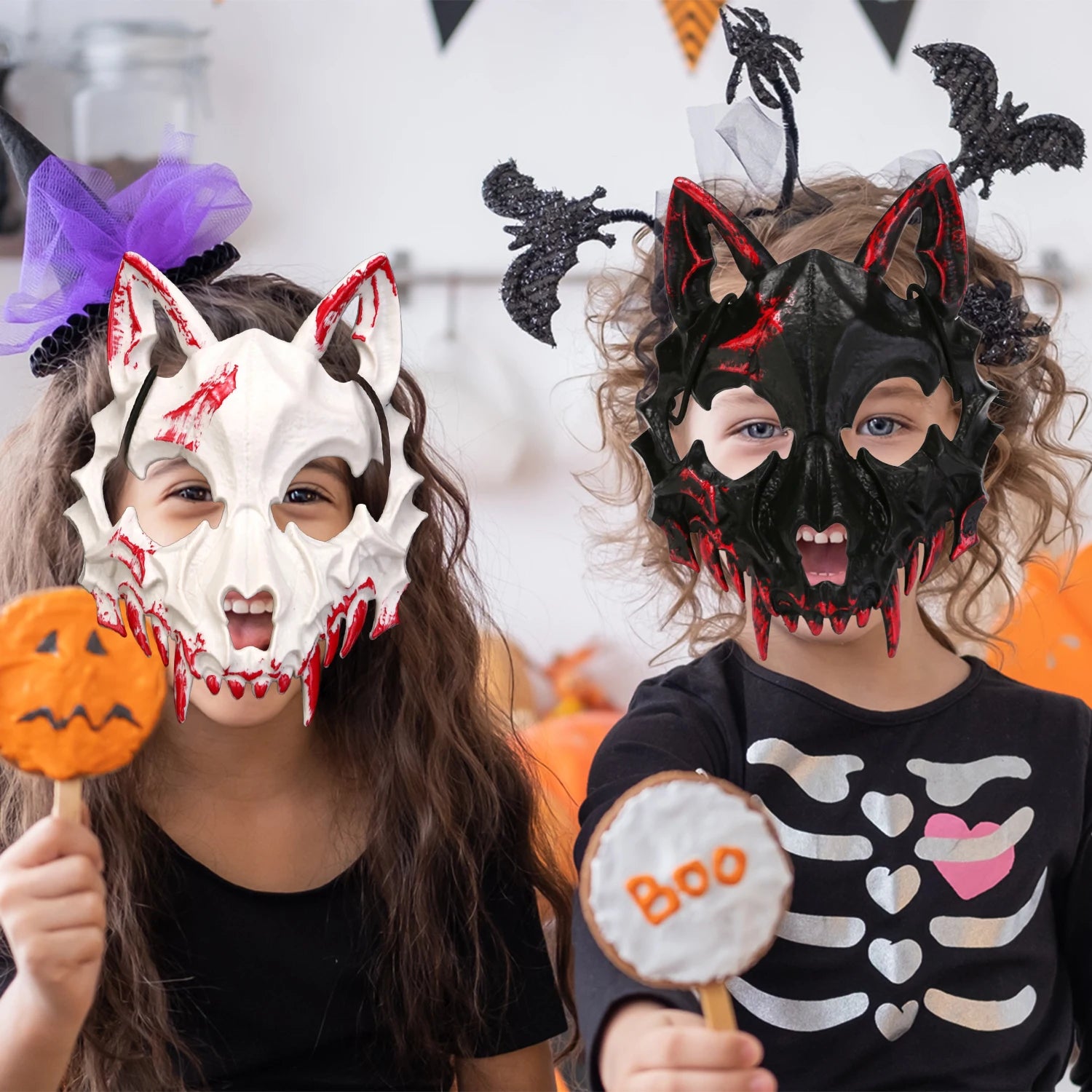 Halloween Bone Skull Masks Half-face Bloody Mask Cosplay Dragon God Fierce Tiger Night Fork Tengu Man Wolf Mask Party Decor Prop