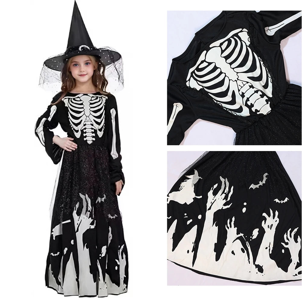 Halloween Skeleton Costumes Dresses Hats Kids Zombie Spooky Horror Glow In The Dark Dress Cap Day of The Dead Rave Party Clothes