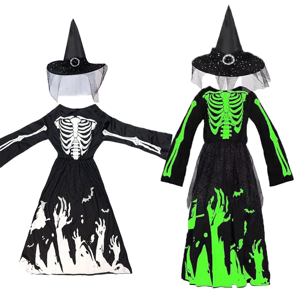 Halloween Skeleton Costumes Dresses Hats Kids Zombie Spooky Horror Glow In The Dark Dress Cap Day of The Dead Rave Party Clothes