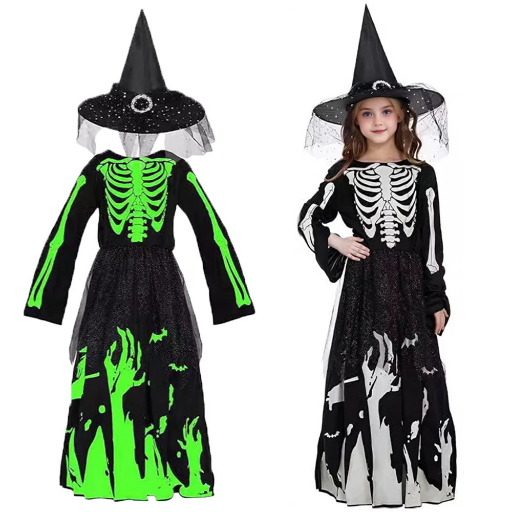 Halloween Skeleton Costumes Dresses Hats Kids Zombie Spooky Horror Glow In The Dark Dress Cap Day of The Dead Rave Party Clothes