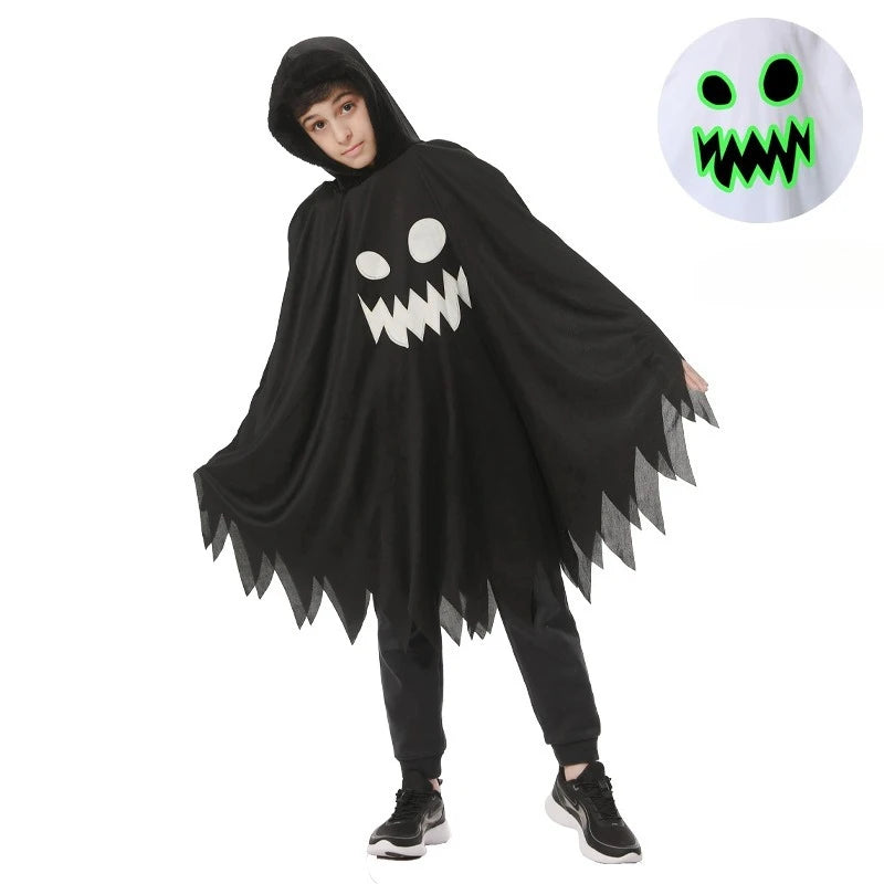 Halloween Children's Costume, White, Black, Luminous, Glowing Face, Cloak, Shawl, Party Costume