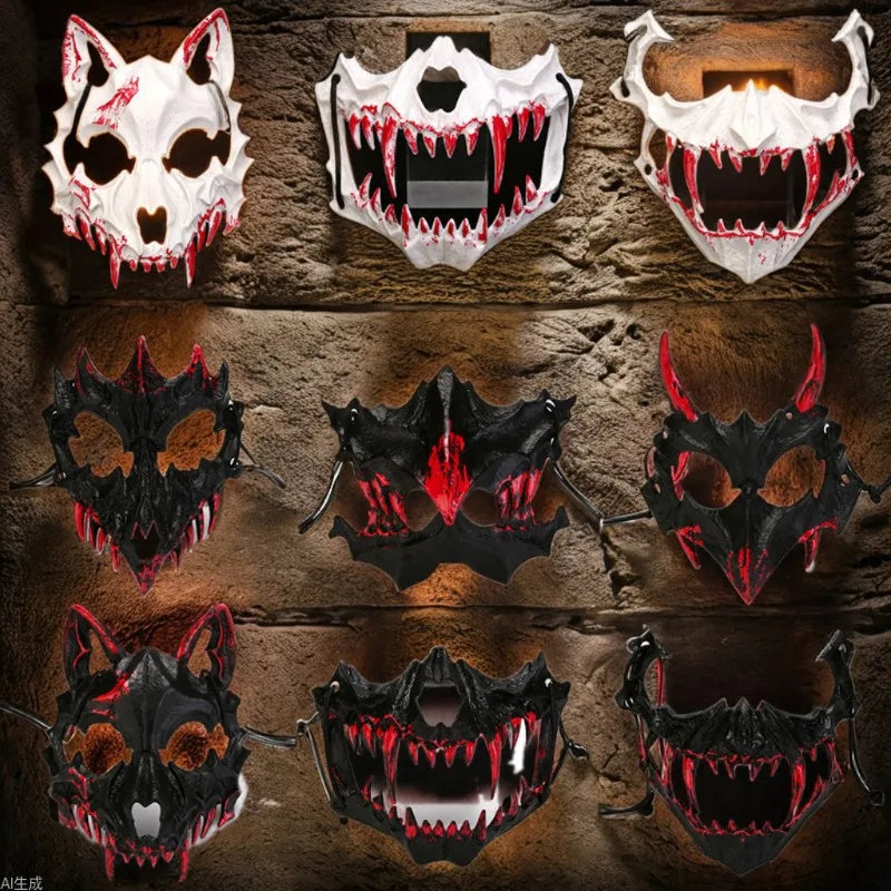 Halloween Bone Skull Masks Half-face Bloody Mask Cosplay Dragon God Fierce Tiger Night Fork Tengu Man Wolf Mask Party Decor Prop