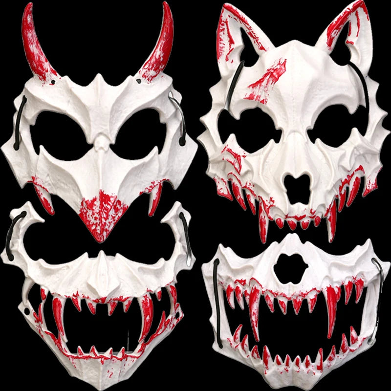 Halloween Bone Skull Masks Half-face Bloody Mask Cosplay Dragon God Fierce Tiger Night Fork Tengu Man Wolf Mask Party Decor Prop