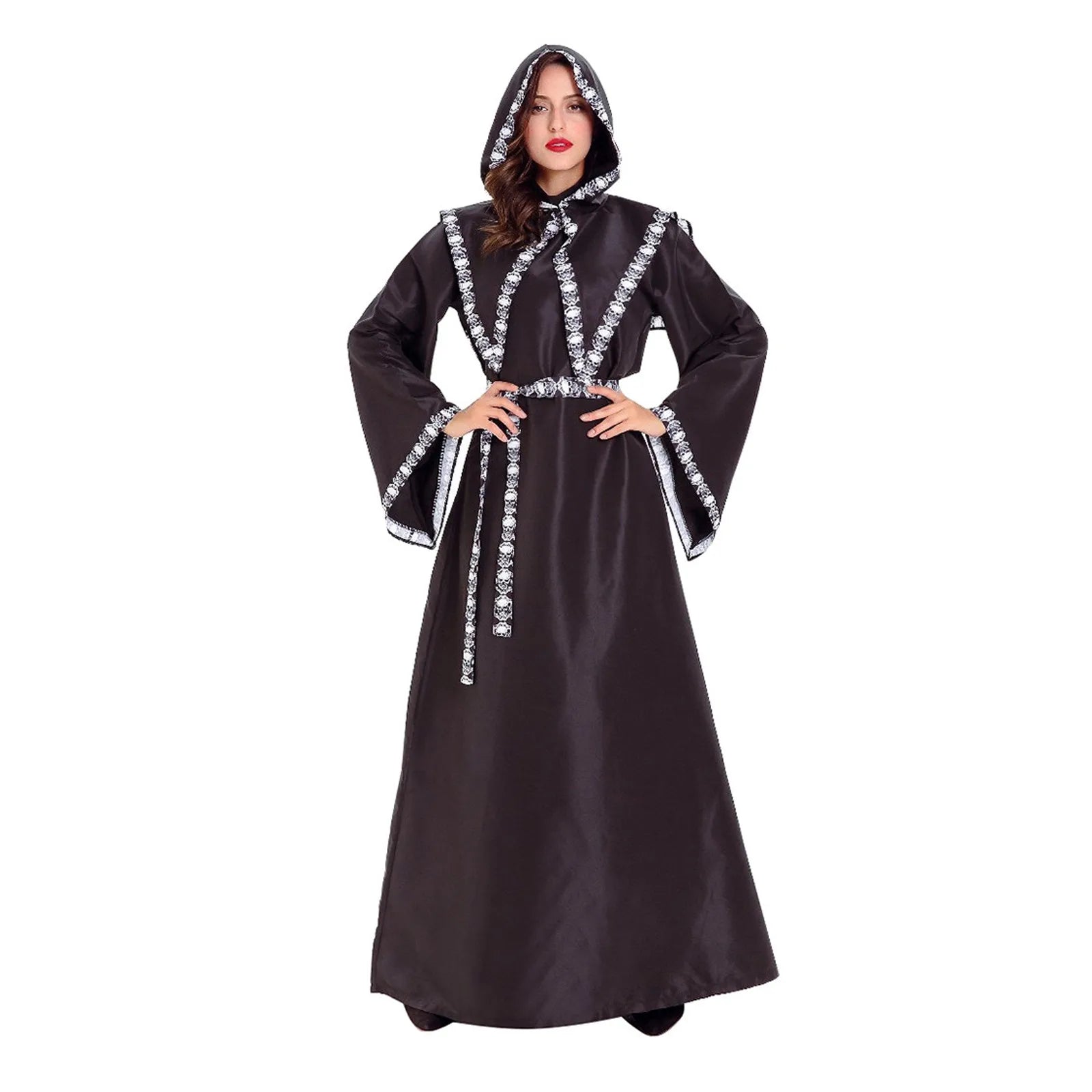 Halloween Medieval Gothic Witch Costume Hooded Dress Adult Women Men Carnival Masquerade Vampire Cosplay Long Dress Outfit